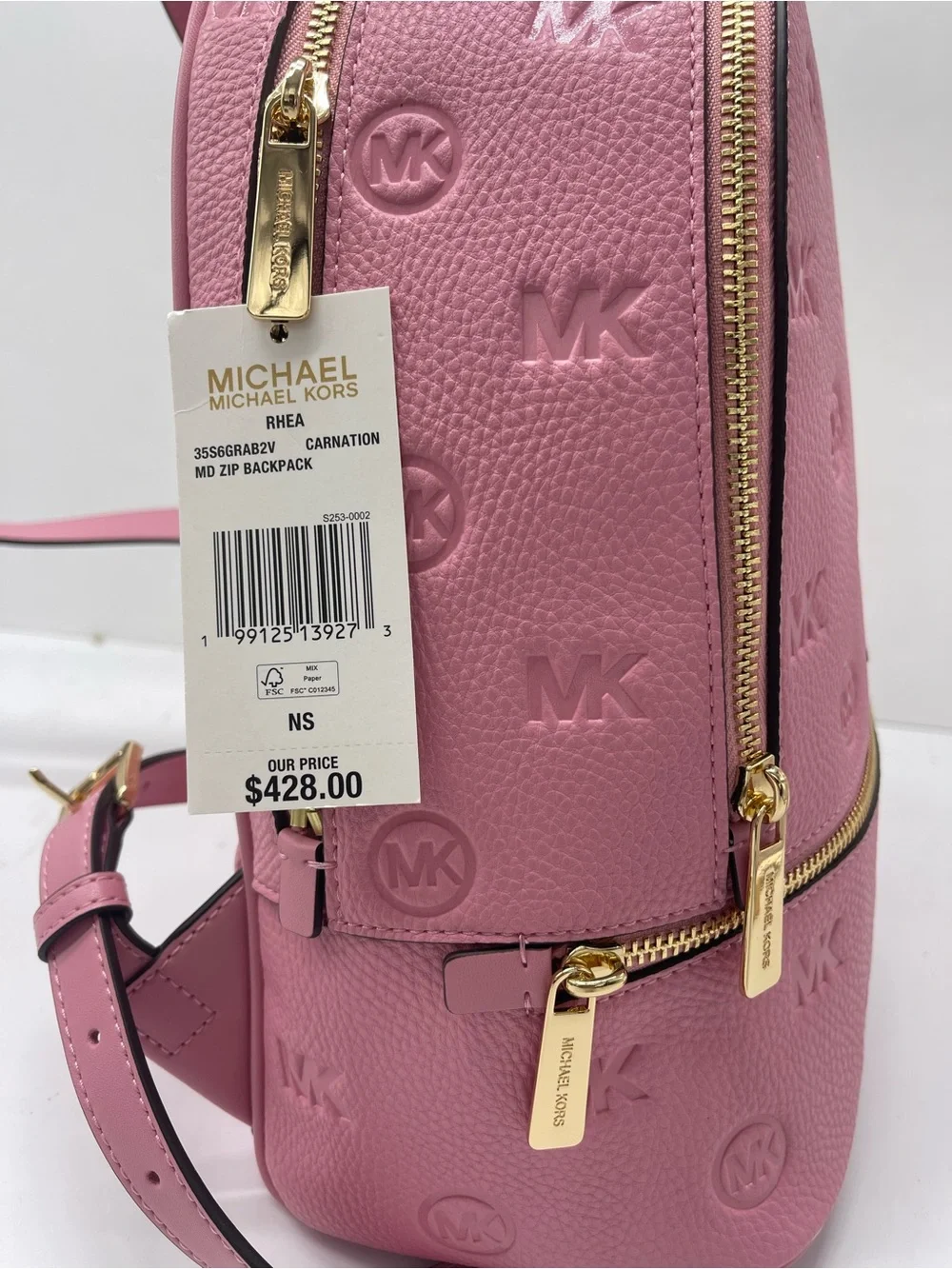 Michael Kors Rhea Medium Zip MK Logo Debossed Backpack Carnation NWT